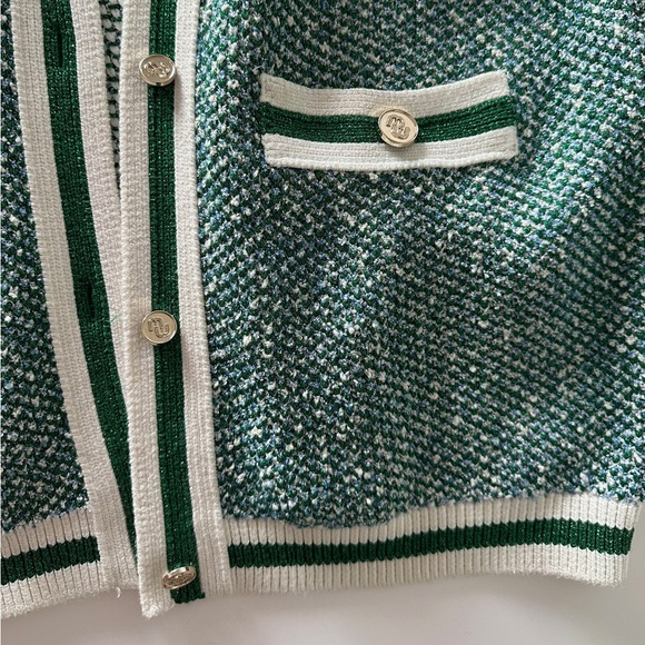 Maje Maitresse Metallic Green Threaded Cardigan with Gold Accents - Picture 8 of 10